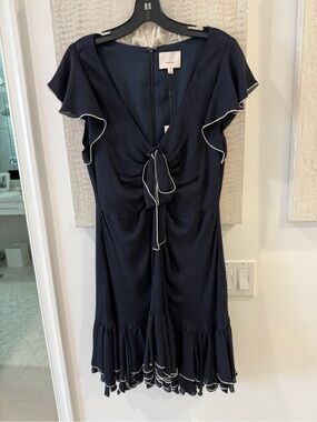 cinq a sept Navy Ruffle-Trim Tie-Front Midi Dress